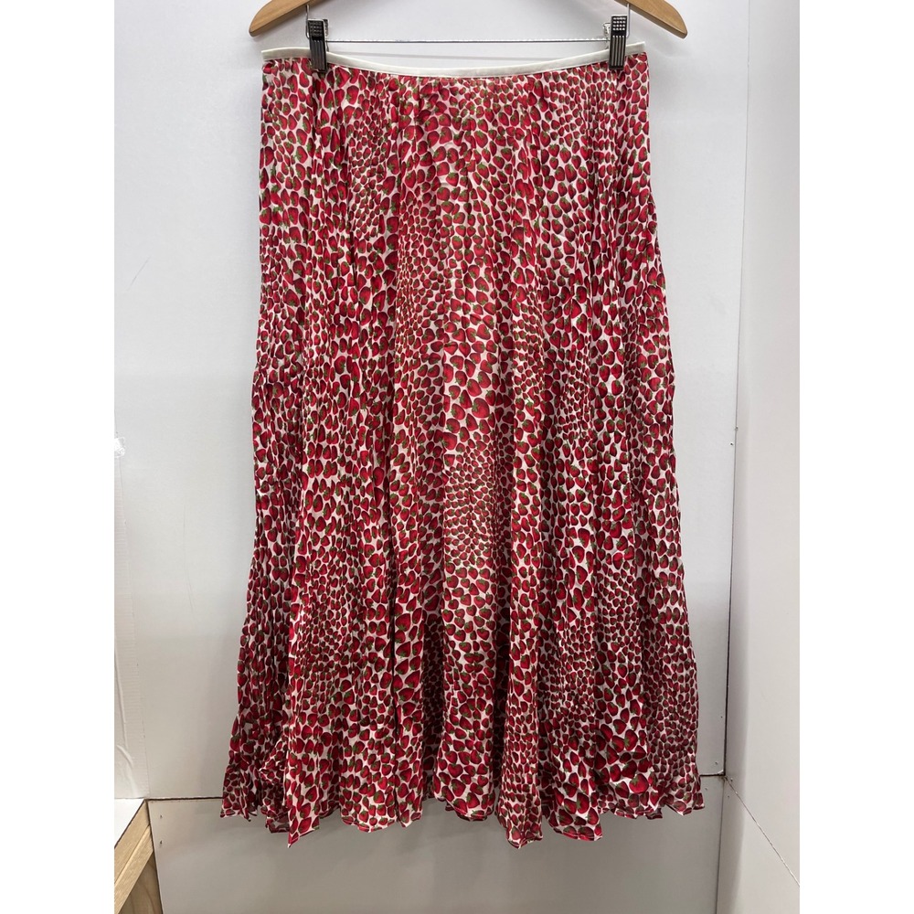 J.Crew Strawberry Print Pleated Midi Skirt Red White Green Fruit Size M